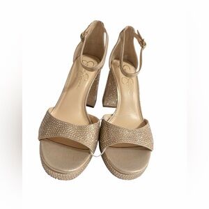 Jessica Simpson Kaliah Champagne Rhinestone Platform Block Heel Sandal Sz 10